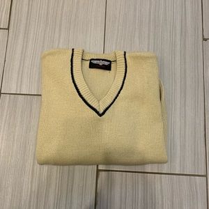 Beige V Neck Sweater with Black Stripe Collar